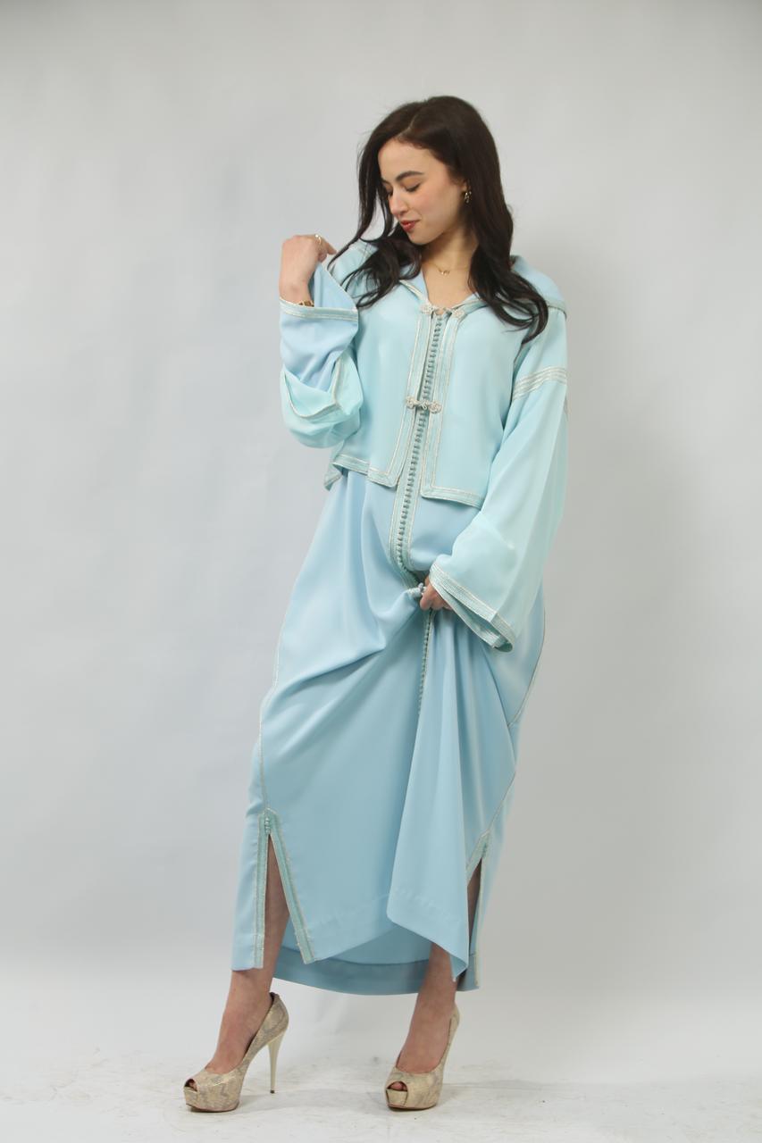 Caftan Deux Pièces en Yakout et Crêpe – Élégance Raffinée